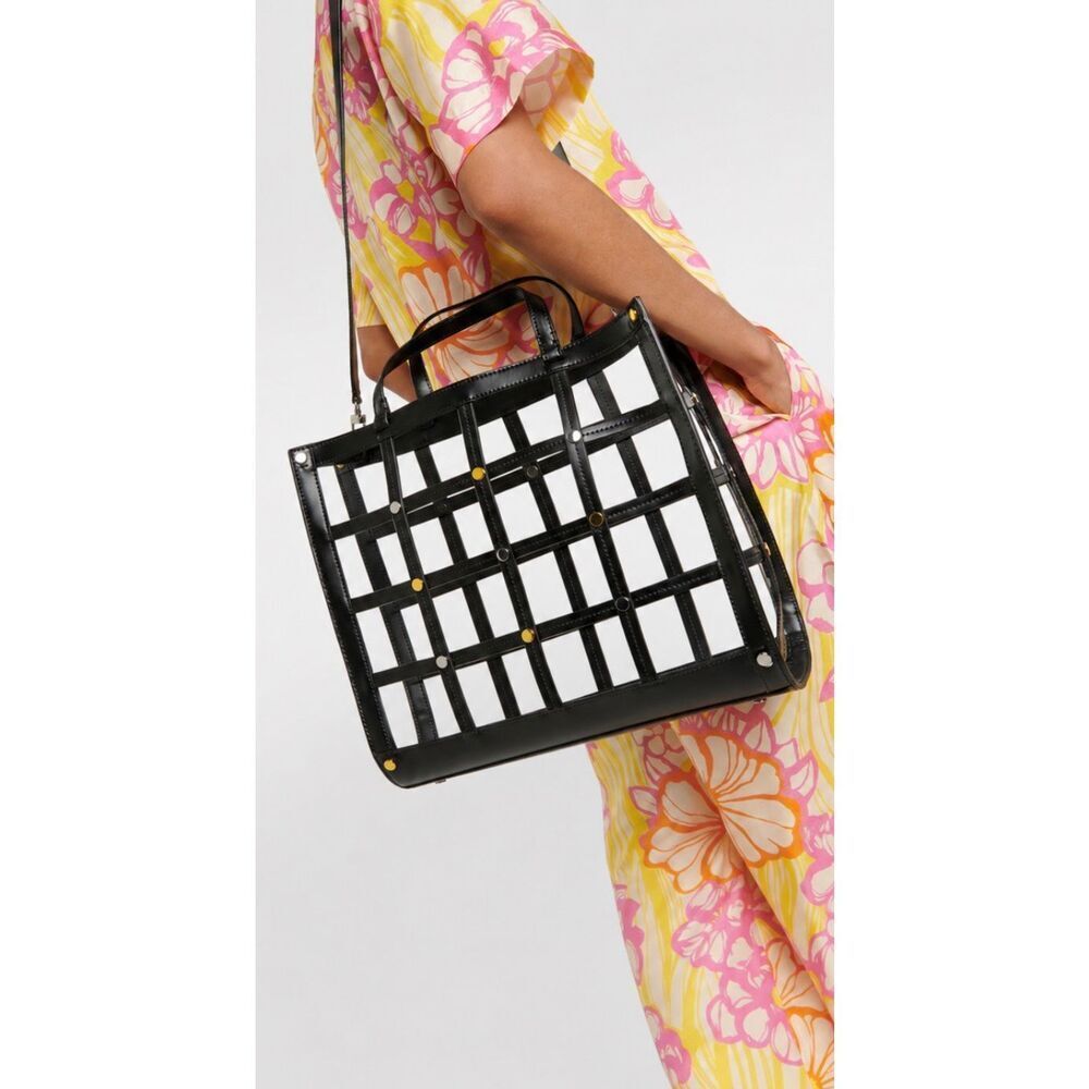 Staud Emma leather-trimmed cage tote bag, no pouch, statement bag $625
